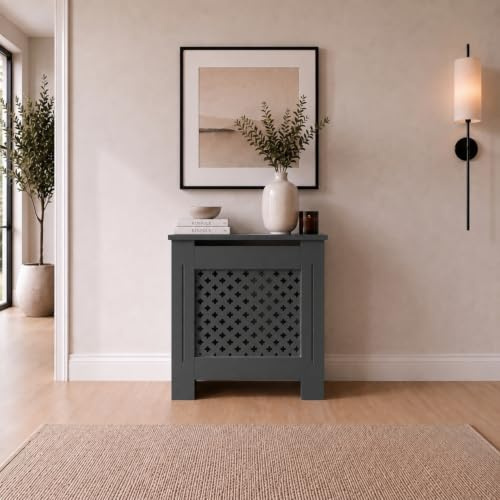 DuraTherm® Radiator Cover Anthracite Grey Painted Traditional Cross Slat Shelves MDF Cabinet Shelf for Radiators, Living Rooms, Bedrooms, Small (W: 78cm / H: 81.5cm / D: 19cm)