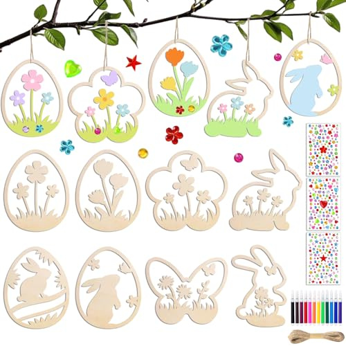 JOYEASE Ostern Basteln Kinder, 24 Stück DIY Holzanhänger Bastelset Ostern, Osterbasteln mit Kindern, Ostergeschenke Kinder, Holz Ostereier zum Bemalen, Osterdeko Basteln