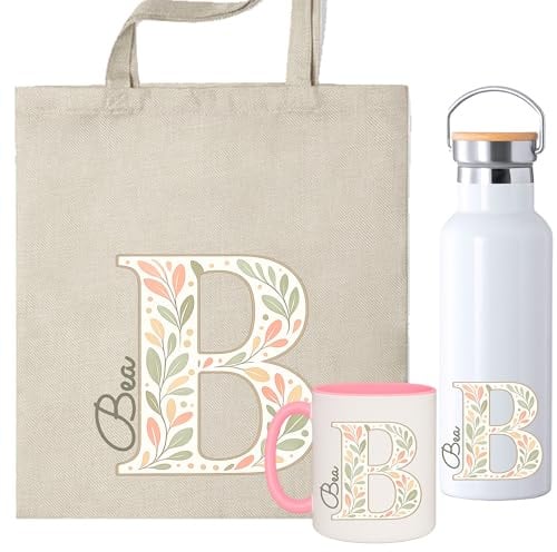 Set Personalizado con Inicial y Nombre, Bolsa de Tela + Taza 350ml con Diseño Floral de Hojas, Opción de añadir Botella personalizada, Regalo Comunión, dia de la madre, amigas (Pack Floral)