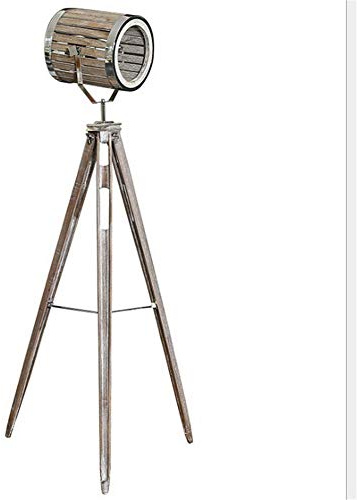 Lampadaire Vintage Do The Old Trépied en bois avec collocation en métal chromé argenté Projecteur industriel rétro réglable E27 Lampe sur pied 1,6 m avec interrupteur au pied pour salon, chambre à