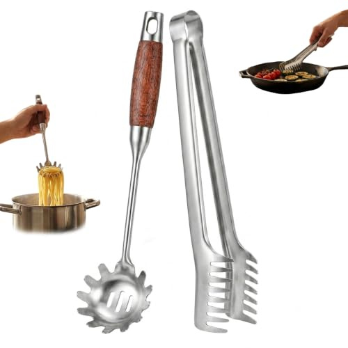 HSYTEK 2 stycken pastatång och spagettisked 304 rostfritt stål, spagettitång 30 cm (12 tum), pastaslev med trähandtag, pastasked för bakning och matlagning av pasta