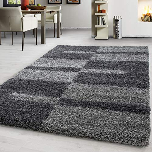 Teppium Moderner Hochflor Teppich Wohnzimmer 120 x 170 cm Grau - Shaggy Flauschiger Teppich, Extra Weich, Pflegeleicht und Kariertes - für Schlafzimmer, Küche und Esszimmer