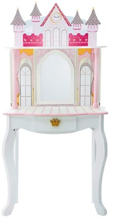Teamson Kids Dreamland Princess Play Vanity Set with Mirror, Shelf, Storage Drawer, Stool, and Accessories for 12 Dolls, White and Pink
