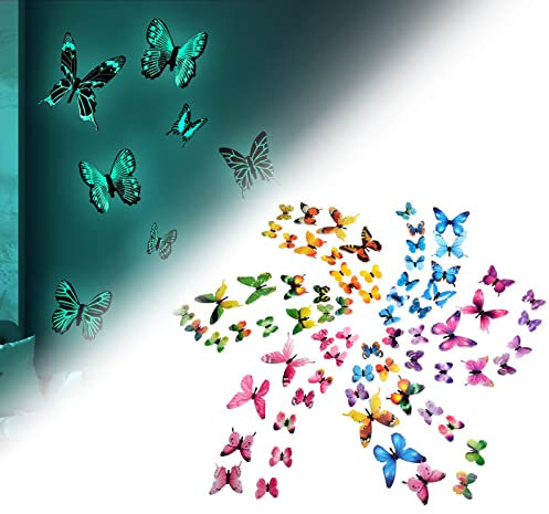 3D Schmetterling Aufkleber Wandsticker Luminous Wandaufkleber Wandtattoo Wanddeko für Dekoration - 72 Stück (12 Mehrfarbig + 12 Grün + 12 Rosa + 12 Gelb + 12 Lila + 12 Blau)