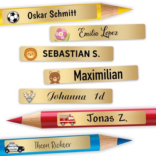 Sunnywall® Namensaufkleber Kinder – Stifteaufkleber personalisiert für Schule & Kita, ideal für Stifte & Schulsachen, wasserfest & spülmaschinenfest, starker Halt (gold-farbend)