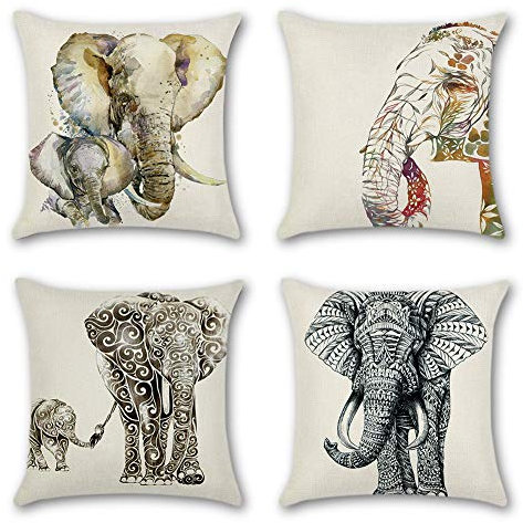 Artscope 4er-Set Dekorativ Kissenbezug 45 x 45 cm, Polyester Leinen Kissenbezüge Dekokissen Kissenhülle Set Kissen Fall für Sofa Auto Schlafzimmer Zuhause Dekor (Elefant)