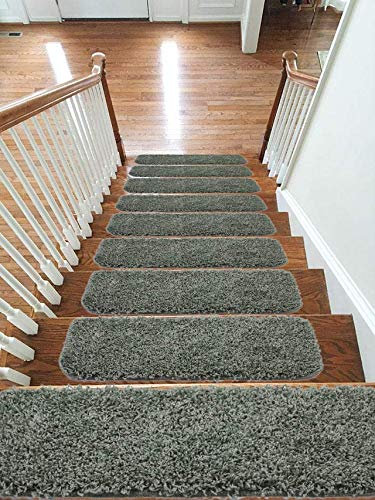 Soft Shaggy Carpet Stair Treads NON-SLIP MACHINE WASHABLE Mats/Rugs, 22x67cm, 30mm Thickness (Green, 15)
