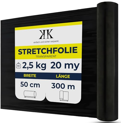 KK Verpackungen Stretchfolie, Schwarz, Möbelfolie, Umzugsfolie, 6 Rollen, 50cm x 300m - 20my reißfest & dehnbar, Ideal für Einlagerung & Möbelschutz