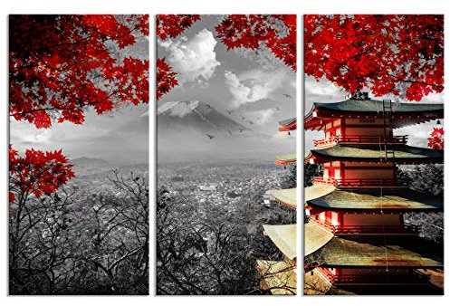 decomonkey - Impression sur Toile Paysage 90x60 3 Pièces - Tableau Décoration Appartement Déco Salon Peinture sur Toile Architecture nuages arbres montagnes japon paysage nature panorama