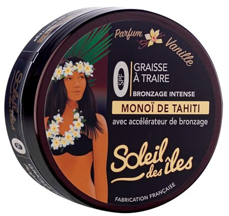 Soleil des Îles | Graisse à Traire au Monoï de tahiti 100% Naturel avec Accélérateur de Bronzage – Sans Paraben - Résiste à l'Eau - Parfum Vanille