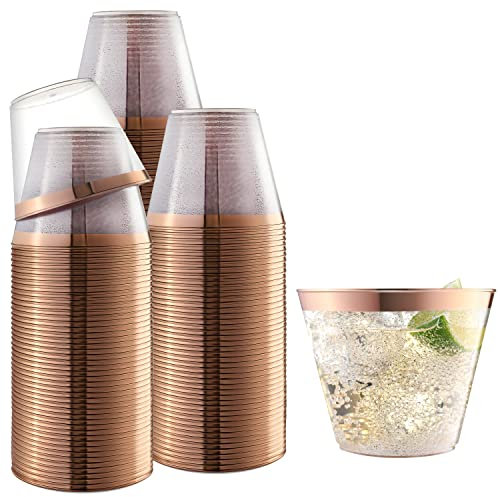 100 Rose Gold Cups 9oz - Rose Gold Glitter with a Rose Gold Rim - Premium Party Cups - Elegant and Classy Sturdy Cups for Weddings Birthdays Anniversaries and Other Social Events