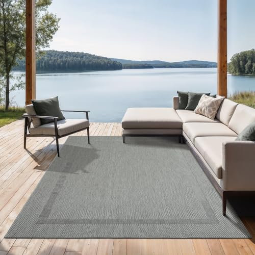 the carpet Mistra - robuster Teppich, modern, langlebig und pflegeleicht, In- und Outdoor, Wohnzimmer, ideal für Küche, Flur und Wintergarten, flachgewebt, Bordüre, Grau, 240 x 340 cm