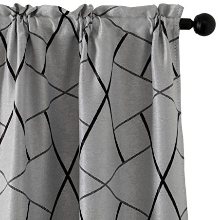 GIRASOLE HOME® Coppia Tende Grigie Semi Oscuranti Fantasia Geometrica Nera Tenda Isolante per Soggiorno Camera Ufficio Balcone Porta Finestra 2 Pannelli con Tasca (Grigio e Nero, 70x148cm)