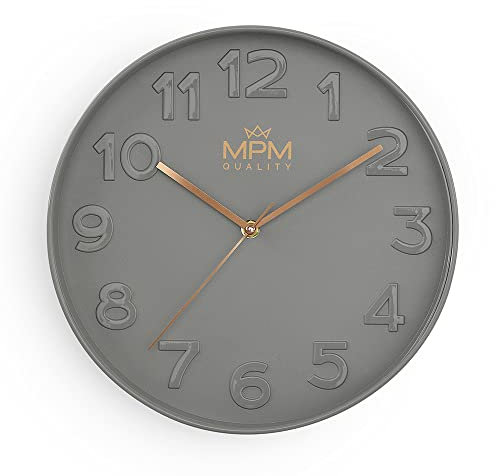 MPM Quality Design Wanduhr, Grau, Modern Kunststoff Uhr, Glas, Quarz-Uhrwerk Sweep, 305x305x42 mm, für Wohnzimmer, Schlafzimmer, Küche, Büro und in jeden Raum