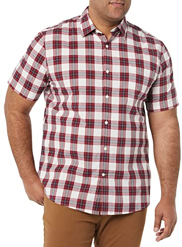 Amazon Essentials Chemise en popeline extensible à manches courtes (grandes tailles disponibles) Homme, Rouge Blanc Écossais, 4XL Grande taille
