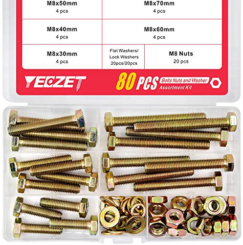YEEZET Schrauben M8 80 Stück verzinkt 8.8 Sechskantschrauben,Unterlegscheiben, Federringe und Muttern Sortiment Kit 30mm 40mm 50mm 60mm 70mm