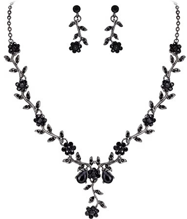 Clearine Damen Hochzeit Schmuck Set Blatt Cluster Blume Kristall Anhänger Halskette baumeln Ohrringe für Braut Schwarz