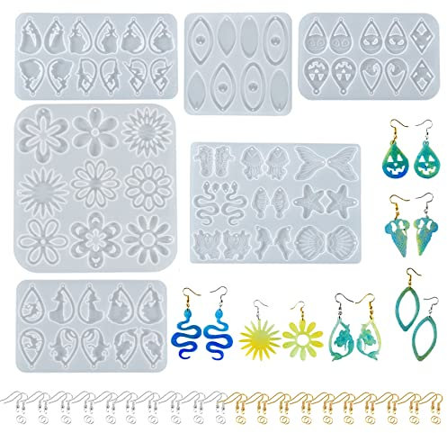 Yayatty Moldes de Resina para Pendientes, 6 Pz Moldes de Resina Epoxi Pendientes Flores Halloween Animales Marinos Molde Silicona Pendientes con Ganchos para La Oreja para Pendientes de Bricolaje