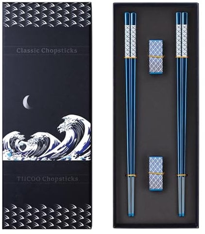 TIICOO Baguettes Réutilisables 2 Paires de Baguettes en Acier Inoxydable avec Support, Style Léger, Ensemble Cadeau de Baguettes de Style Japonais Lavables au Lave-Vaisselle (Bleu)