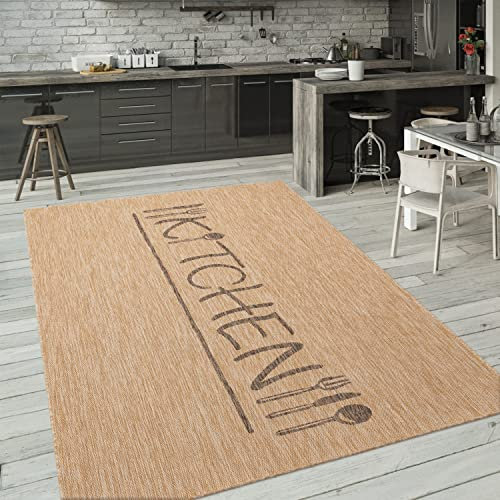 Paco Home Outdoor Teppich Wetterfest Wohnzimmer Balkon Küchenteppich Modernes Muster Mit Schriftzug, Grösse:80x150 cm, Farbe:Beige 2