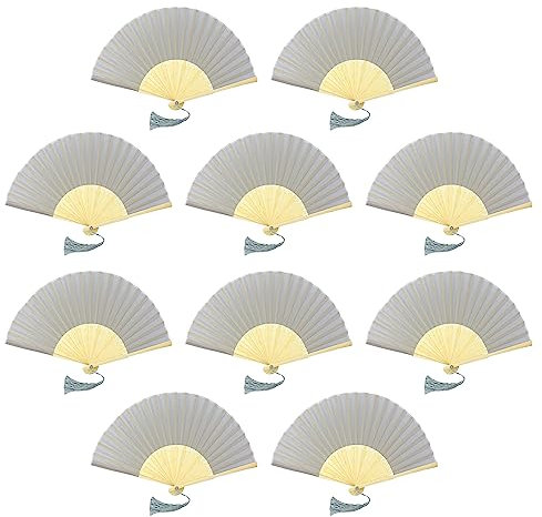 FANSOF.FANS, 10er-Pack Stoff-Handfächer mit Quaste und Bambusrippen, Güteklasse A, Party- und Hochzeitsgeschenk (Babygrau)