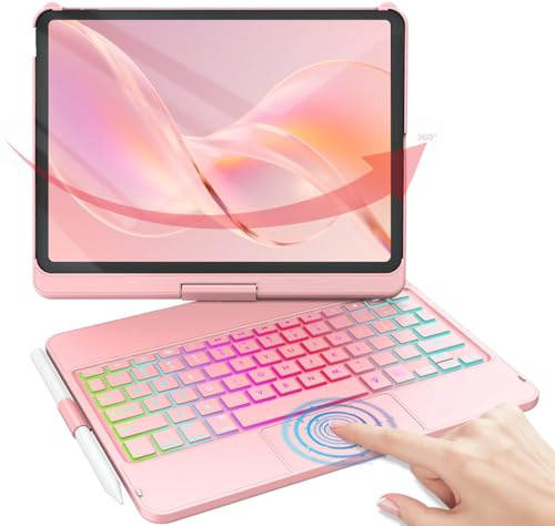 MMK iPad 11 Pro Case with Keyboard | Compatible with iPad Air (4th, 5th Gen | M2, M3) & iPad Pro 11 inch (2018-2022, 1st-4th) | 10 Color Backlight & 360 Rotation with Multi-Touch Trackpad-Rose Gold