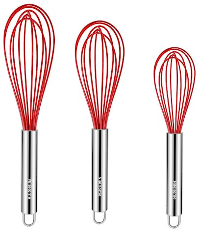 NileHome Whisk Commercial Lot de 3 petits fouets en acier inoxydable et revêtement en silicone anti-adhésif 20,3 cm, 25,4 cm, 30,5 cm Rouge