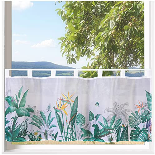 heimtexland ® Scheibengardine Palmblätter Gardine Digitaldruck HxB 45x120 Fensterdekoration Oekotex Typ789 Tropical Grün