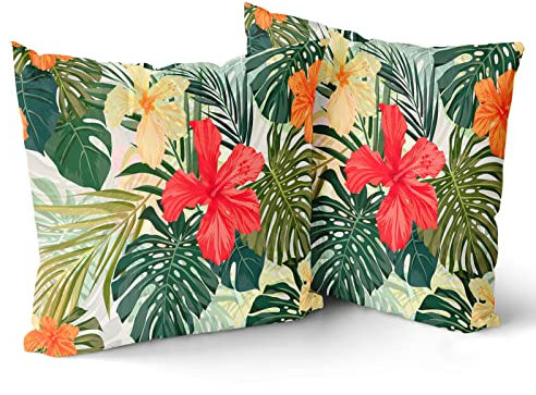Sommer Tropical Leaf Kissenbezug 2er Set Hawaiian Monstera Palm Leaves and Floral Cotton Decorative Throw Pillow Case Cushion Cover for Bedroom Sofa Wohnzimmer Couch Stuhl Büro 45,7 x 45,7 cm