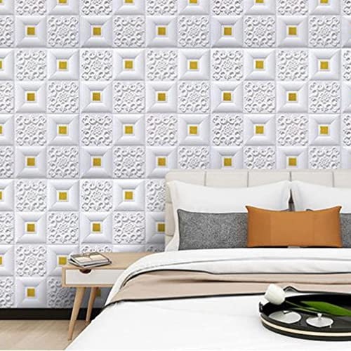 AIDNTBEO 10Pcs 3D Wall Panels 35x35cm Brick Wallpaper Self,Tile Carved Adhesive Wall Sticker Waterproof Foam Panel for Kitchen Living Room,Gold