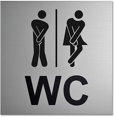 SynMe Lustiges Aluminium Eloxiert WC Schild (12x12cm) - Starke 3M Klebefläche - Toilettenschild - Herrentoilette - Damentoilette - Silber - Lustig