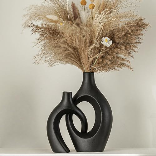 Lvases Snuggle Hohle Moderne Keramikvase, 2er-Set, Mitte des Jahrhunderts, nordische Ästhetik, dekorative Vasen für Zuhause, Tischdekoration (Mattschwarz, B 17,3 x H 27,9 cm)