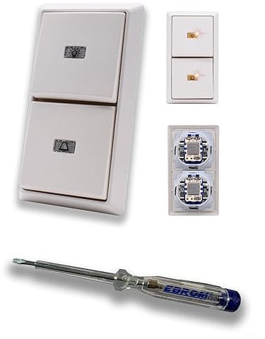 Busch Jäger Allwetter44 Klingel und Lichtschalter als Taster 2 x 2020 USGL mit Symbol Licht und Klingel (beleuchtet) 2 x Wippe 2-fach Rahmen alpinweiß inkl. EBROM Phasenprüfer zur Montage der Schalter