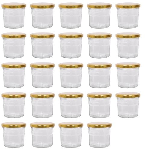Argon Tableware Glass Jam Jars with Airtight Gold Lids - 130ml - Pack of 24 - Empty Screw Top Kitchen Storage Jar for Food, Honey, Spice, Pickling, Preserving, Candle Making