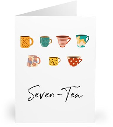 Seven-Tea 70th Birthday Greeting Card - Colorful Tea Cups Design - Milestone Celebration Card - Made in UK