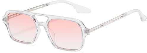 JCTAIFOO Vintage 70s Quadratische flache Piloten-Sonnenbrille für Herren Damen Trendy Retro Rectangle Small Shades Cool Niedliche Mode Brille Transparent-Silber/Rosa