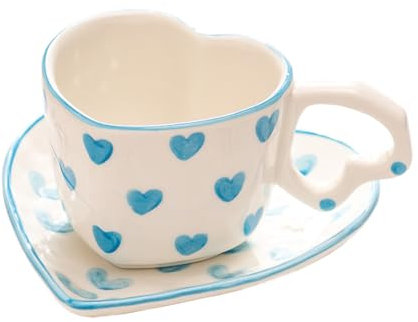 WAIT FLY Kaffeetassen-Set in Herzform aus Keramik mit Untertasse, Teetasse, Frühstückstasse, Dessertteller, blau, 237 ml