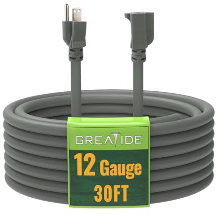 GREATIDE - 30ft Outdoor Extension Cord, 12/3 SJTW, Heavy Duty Grey Extension Cord with 3 Prong Plug, Power Cord for Lawn, Garden, Appliances