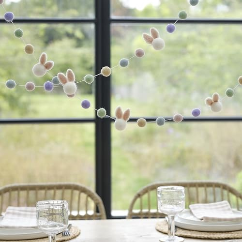 Ginger Ray Pastel Felt Easter Bunnies & Pom Poms Garland Bunting Decoration 1.5m