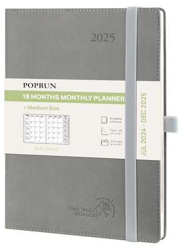 POPRUN Kalender 2025 Monatsplaner A5 (Jul.2024 - Dez.2025) - 18 Monate Monatskalender Softcover 22 x 16,5 cm - 1 Monat 4 Seiten, mit PU-Leder, 100 GSM Papier - Grau