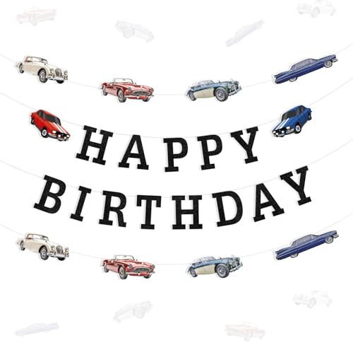 Wonmelody Oldtimer-Geburtstagsbanner, Vintage-Klassiker-Auto-Girlande, Oldtimer-Geburtstagsdekorationen, Cabrio-Oldtimer-Themenbanner, Geburtstagsparty-Dekoration für den 40., 50., 60., 70., 80.,