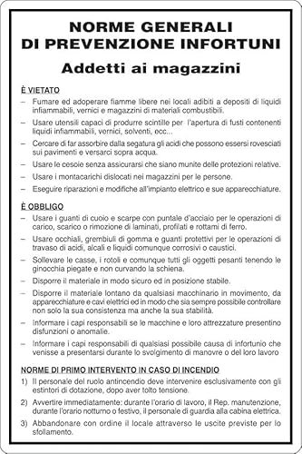GLOBAL CARTELLO SEGNALETICO - NORME DI SICUREZZA PER GLI ADDETTI AI MAGAZZINI - Adesivo Extra Resistente, Pannello in Forex, Pannello In Alluminio (30x42 cm, Alluminio)