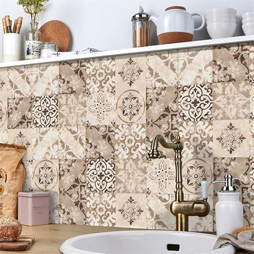 Stickers Muraux Géométrie Baroque Marron pour Cuisine et Salle de Bains - Crédence Adhésive Étanche - Autocollant Carrelage PVC 20x20cm x 24 Pcs