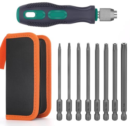 8 Stück Torx Schraubendreher Set, Bithalter mit Oxford Werkzeugtasche, 100mm Lange Bits Torx T8-T40 1/4 Magnetisch Sechskant Schaft Elektrische Torx Bits