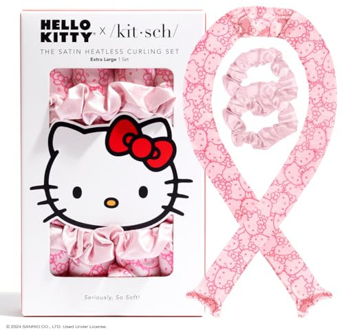Hello Kitty x Kitsch Jumbo-Lockenset für die Nacht, hitzefreier Lockenwickler, Lockenstab für weiche Locken ohne Hitze, Rosa, Kitty-Gesichter