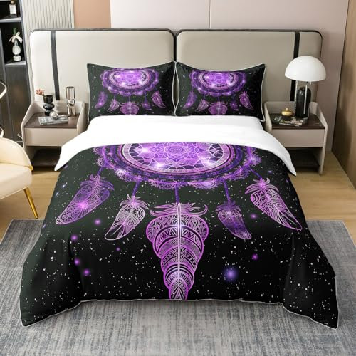 Homemissing Parure de lit Galaxie Attrapeur de rêves Univers Galaxie Ciel étoilé Housse de Couette 200x200cm 100% Coton Bohème Tribal Parure de lit Boho Plume avec 2 Taie d'oreiller, Violet