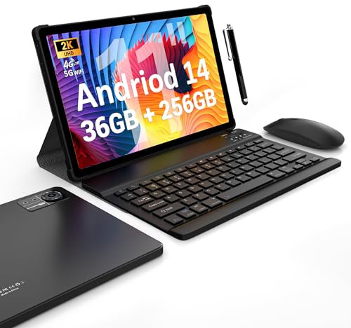 FASTWD Android 14 Tablet 11 Zoll 36GB RAM+256GB ROM (1TB TF), 9580mAh, 5G WiFi 4G LTE/Octa-Core, 2000 x 1200HD, GPS, GMS, BT 5.0, FaceID, Mit Tastatur, Maus, Holster, Stift, Schwarz