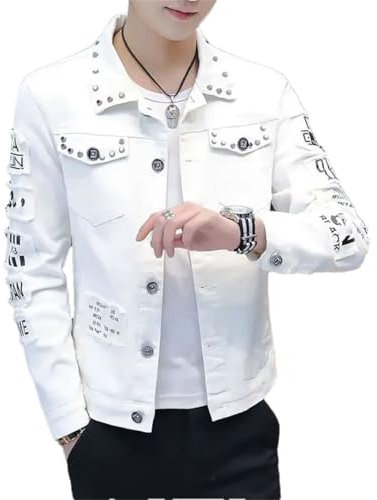 Herren-Jeansjacke, Kurze Niete, Schlanke Männliche Korea-Jeansmäntel White Denim Coat L