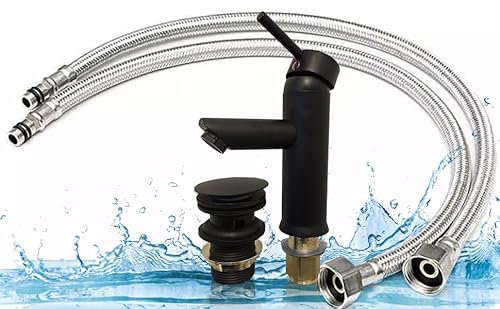 Bargin Bathroom Black Basin Mixer Tap Single Hole Bathroom Sink Faucet 1 Hole Deck Mounted Single Handle Faucet Stainless Steel 304 Matte Black +Pop Up Click Clack Sprung, 2xFlexible Pipes Braided