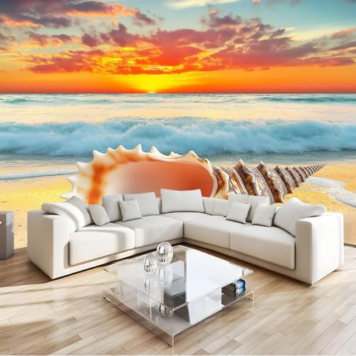 Vlies Fototapete Fotografie Sonnenuntergang Strand Muschelschale - Foto Tapete Schlafzimmer Wohnzimmer Moderne Vliestapete 250 x 175 cm Wandtapete Bildtapete 3D Effekt Wand Dekoration